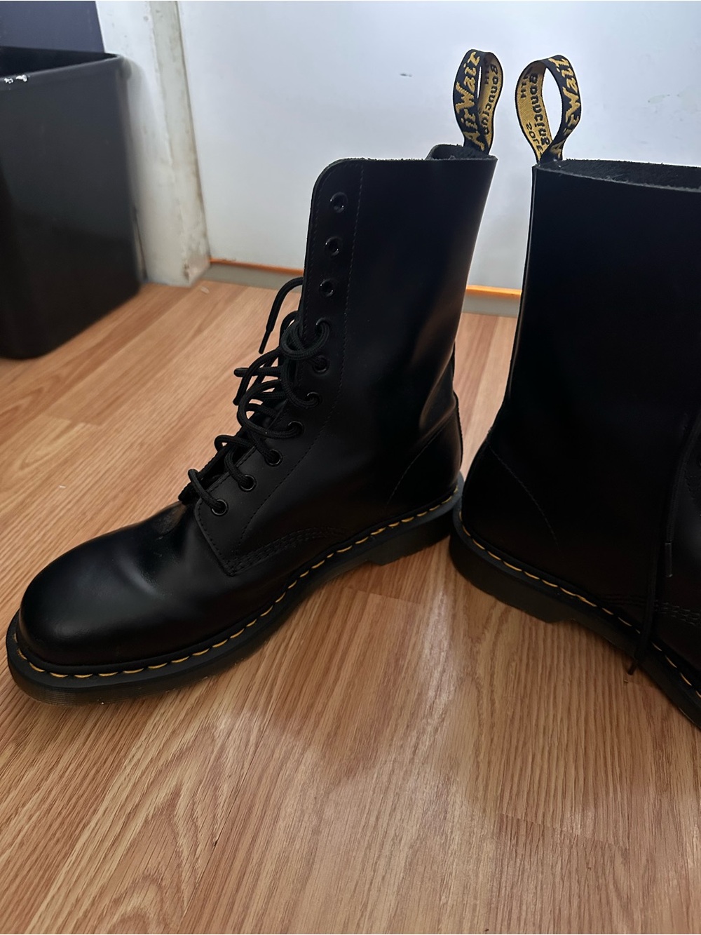 Dr. Martens Black Leather 8-Eye Lace-Up Boots with Yellow Stitching - Picture 2 of 4